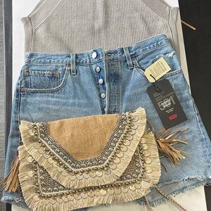 Gray Knit Top and Blue Denim Shorts with Tan Embellished Clutch 3pcs